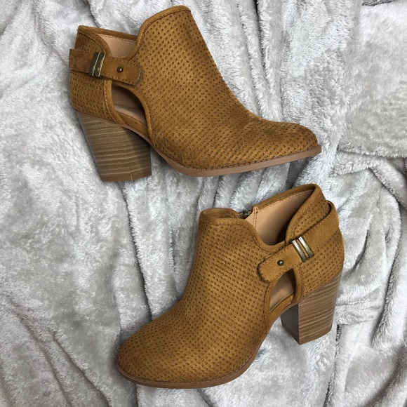 Delicious Tan Perforated Ankle Booties - Picture 1 of 6